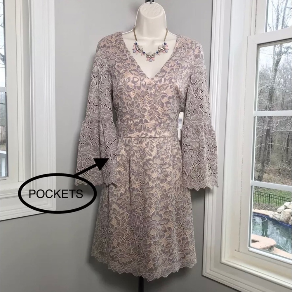 Eliza J Lavender Gray Lace Overlay Cocktail Dress with Pockets - Women’s 6